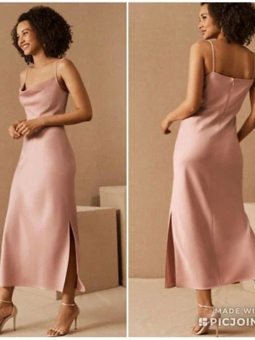 Anthropologie BHLDN Cali Satin Charmeuse Blush Pink Midi Dress size US 8